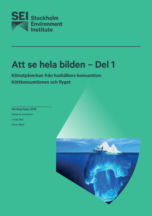 SEI—Att-se-hela-bilden—Del-1-1 Omslag med loggan till Stockholm Environment Institute. Att se hela bilden – Del 1. Klimatpåverkan från hushållens konsumtion: Köttkonsumtionen och flyget." Bild på ett isberg med dess undervattensdel.