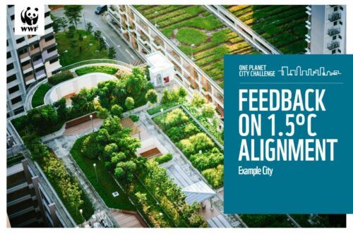 Strategic_Feedback_Report_Example_cover Stadsbild med grönskande takträdgårdar och gångvägar. Text: "ONE PLANET CITY CHALLENGE FEEDBACK ON 1.5°C ALIGNMENT Example City".
