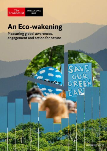 An-EcoWakening_Measuring-awareness,-engagement-and-action-for-nature_FINAL_MAY-2021-1 Diagram i cirkelform och stapeldiagram visar miljömedvetenhet och engagemang, med skyltar där det står "SAVE OUR GREEN EARTH". Titel: An Eco-wakening Measuring awareness, engagement and action for nature
