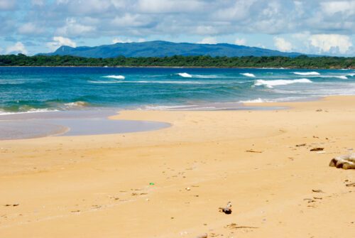 View on the Ujung Kulong National Park towards the West. This beach lies on the southern side of the isthmus of Ujung Kulong National Park, Java, Indonesia.