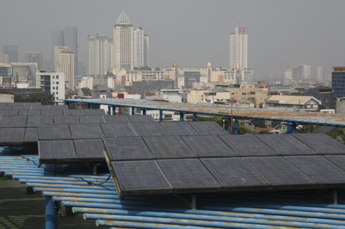 Solar panel roof is seen on one of Central Jakarta’s buildings