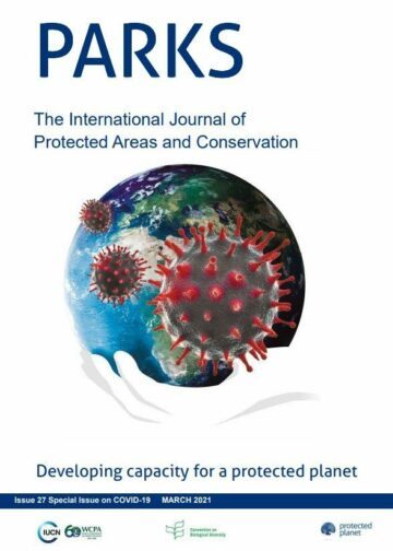 International Journal of Protected Areas En illustration av jorden med flera stora, röda coronaviruspartiklar framför, texten lyder: "The International Journal of Protected Areas and Conservation".