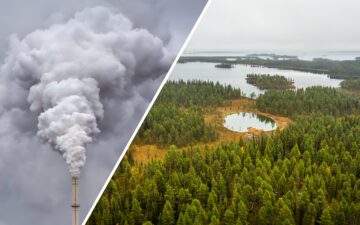 En del av bilden visar tjock rök från en skorsten, andra delen visar en skog med sjöar och grön vegetation.