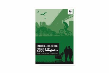 Illustration i gröna nyanser med silhuetter av människor och fåglar samt text: INFLUENCE THE FUTURE 2030