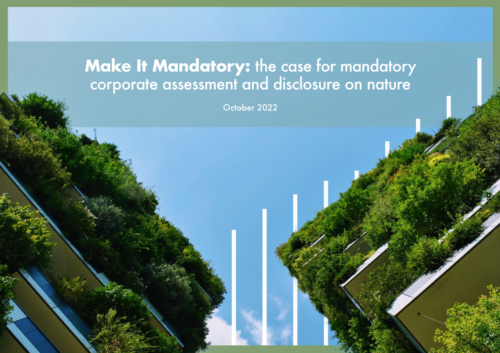 Cover of the Make it Mandatory Campaign. Upside down view of the sky with buildings and plants and bushes