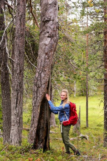 Helena står och håller händerna mot en gammal tall