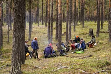 Kursdeltagare äter lunch i en sandtallskog