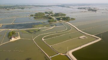 Översvämning i Sundarbans med vatten som täcker stora områden, vägar och små öar delvis översvämmade.