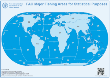 En världskarta i blått och vitt som visar FAO:s huvudsakliga fiskerizoner för statistik, numrerade från 18 till 88 över olika havsområden.