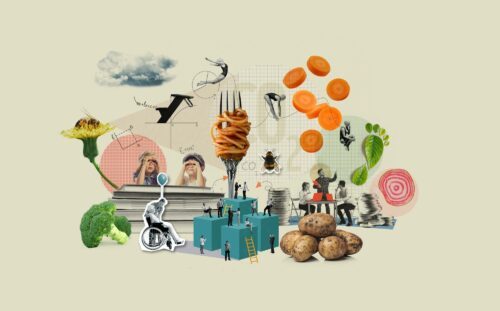 Grafisk illustration på grönsaker så som broccoli, morot, potatis, polkabeta och en maskrosblomma tillsammans med en gaffel med spagetti.