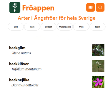 Fröappen, med lista över olika växter: backglim, backklöver och backnejlika.