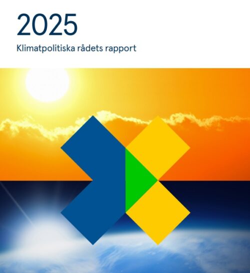 Klimatpolrådets rapport 2025 "2025 Klimatpolitiska rådets rapport" skrivet ovanför en illustration med en soluppgång och en färgglad geometrisk symbol i blått, grönt och gult.