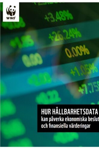 Framsida rapport 2025-04-27 191507 Omslagsbild till en rapport. Bilden visar gröna och gula siffror på en skärm, liknande börsdata. Texten längst ner till höger lyder: "Hur hållbarhetsdata kan påverka ekonomiska beslut och finansiella värderingar". WWF logotyp syns i övre vänstra hörnet.