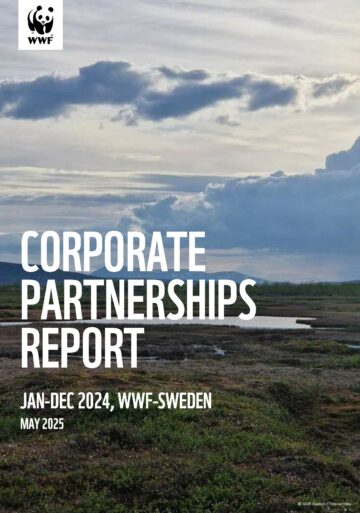 Texten "Corporate Partnerships Report Jan-Dec 2024, WWF-Sweden May 2025" står mot en bild av ett öppet landskap med grönska, vatten och molnig himmel.