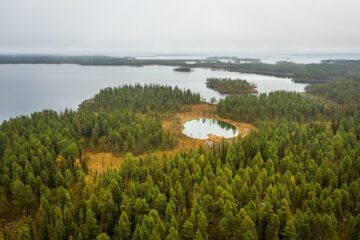 Ett flygfoto av en skog med en liten, rund sjö omgiven av träd och en större sjö i bakgrunden under en mulen himmel.