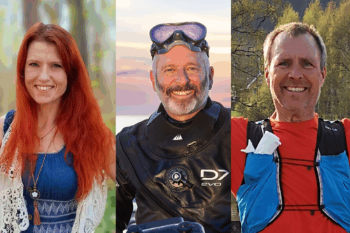 Ett kollage av tre porträttbilder: Cecilia Ockedal med rött hår i skogsmiljö, Martin Falklind i dykardräkt med solnedgång i bakgrunden, och Erik Ahlström i sportkläder med en skog bakom sig.