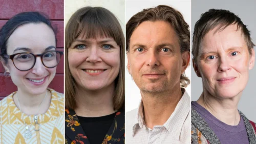 Fyra personer i porträtt, alla leende och fotograferade framifrån.