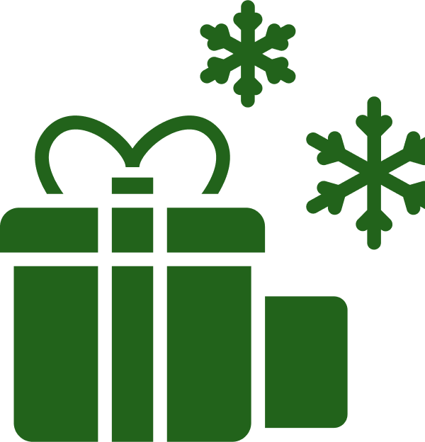 En grön illustration av en julklapp med rosett och två snöflingor mot en vit bakgrund.