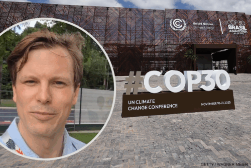 #COP31 UN Climate Change Conference-logotypen visas framför en modern byggnad, med en infälld bild av Martin Wadmark som tittar in i kameran.