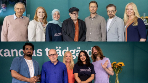 Översta bilden visar fem personer som står framför en grön bakgrund; tre män och två kvinnor, varav en kvinna bär en blå hijab. Nedersta bilden visar fem andra personer framför samma grön bakgrund, inklusive två män, två kvinnor och en person som håller upp handen i en hälsning.