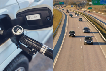 Två bilder syns, till vänster närbild av när en bil tankas, till höger en motorväg.