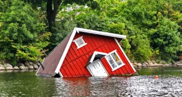 Ett rött hus med vita knutar drabbad av en översvämning