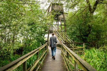 René van der Wal sedd bakifrån, han går på en träbro i skogen med en kikare hängandes på axeln.
