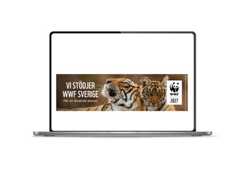 Banner med texten "Vi stödjer WWF Sverige" på en datorskärm.