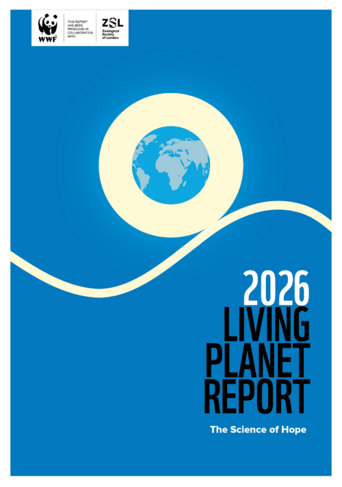 Omslagsbild till WWFs Living Planet Report 2026 med temat Hoppets vetenskap. Bilden är en blå bakgrund med ett jordklot som verkar lysa och åka uppåt på en bergochdalbane-liknande kurva.